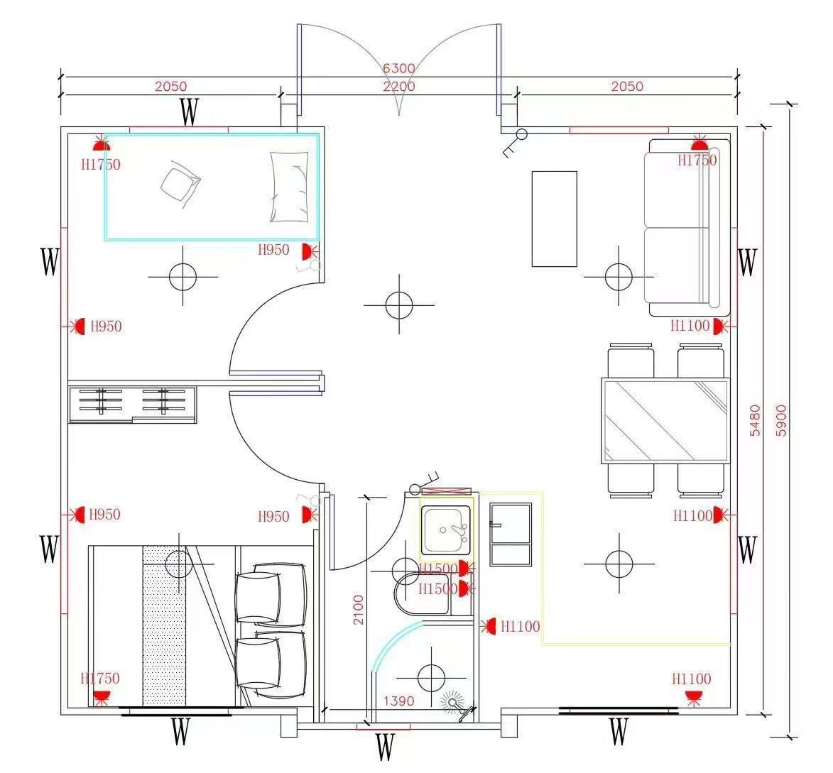 Plano de distribución de la casa modelo: dormitorio, baño, sala, comedor y cocina
